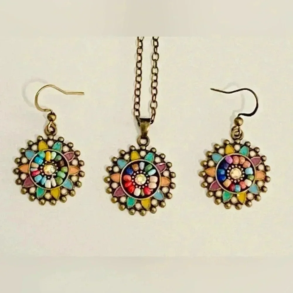 Beautiful Multicolor Mandala Bronze Tone Necklace & Earrings Set NEW